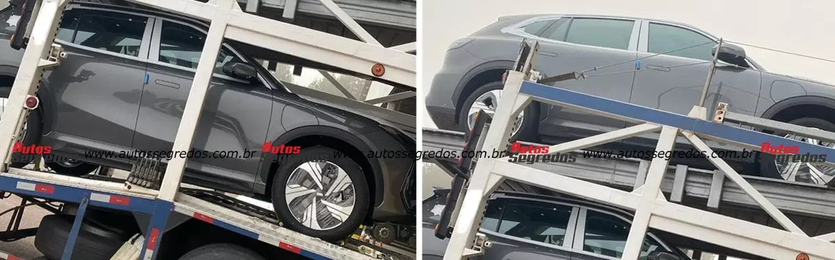 Carretas transportando unidades do Geely EX5 destinadas a venda já estão desembarcando no Paraná