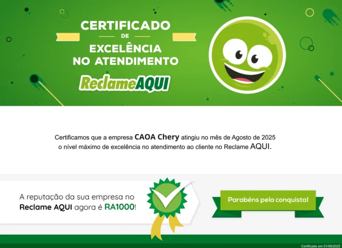 CAOA Chery recebe selo RA1000 do Reclame Aqui por bom atendimento