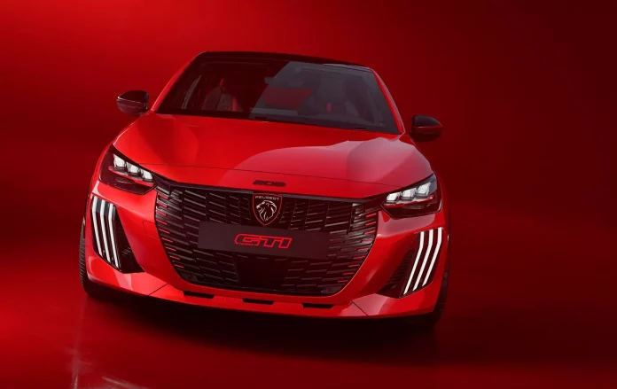 Peugeot E-208 GTi de frente na cor vermelha