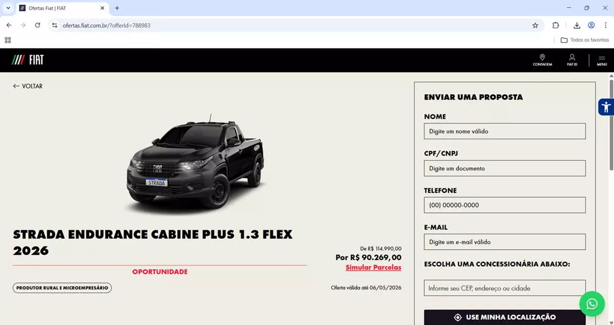 Ofertas Fiat: Strada Endurance 2026 está com desconto de R$ 24 mil
